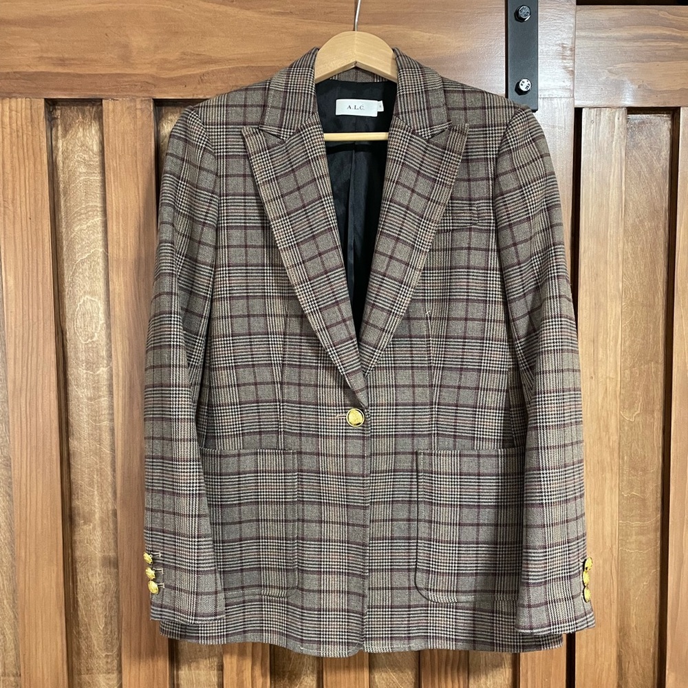 A.L.C. Plaid Blazer in Beige and Brown with Gold Buttons